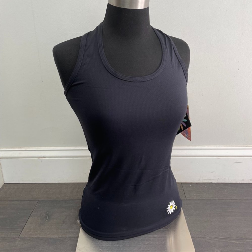 Black Racerback Tank Top with White Daisy and Yellow Center - Picture 3 of 5
